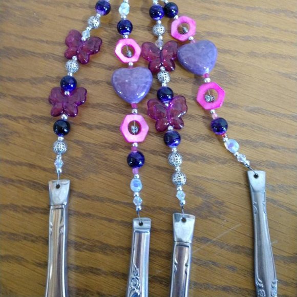 Pink/Purple Beaded Butterfly Upcycled Recycled Silverware Windchime - Picture 7 of 10